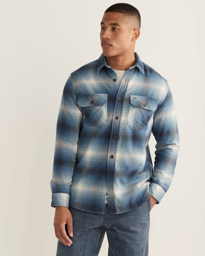 Pendleton blue button down shirt on model