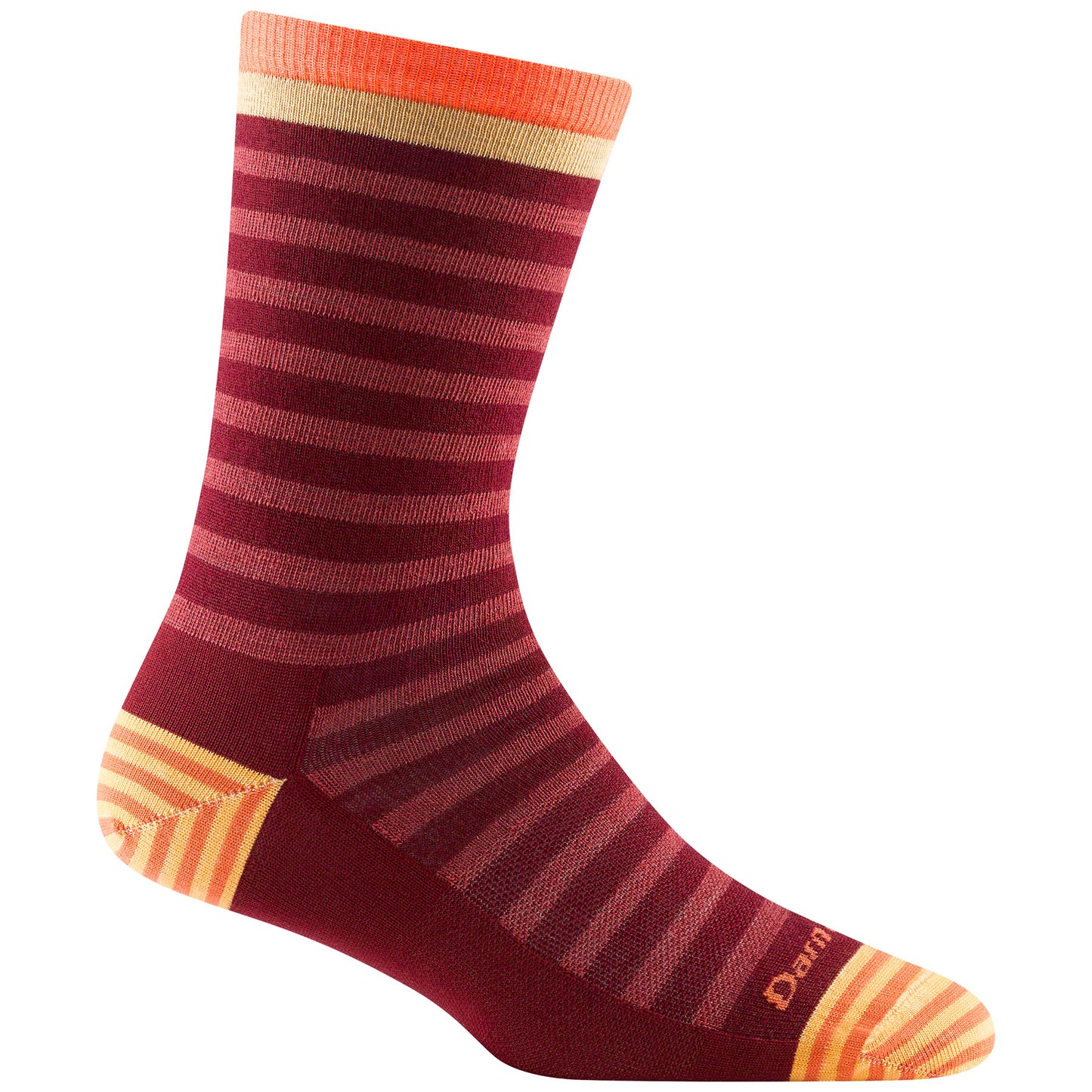 Darn Tough 6039 Burgundy striped sock, with yellow and orange stripes on heel and toe