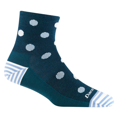 Darn Tough Women's 6103 dark teal sock with light blue polka dots and blue and white stripes on heel and toe