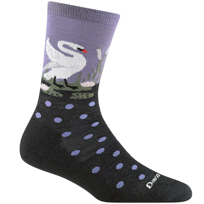Darn tough women's 6105 charcoal socks with swan and purple dots