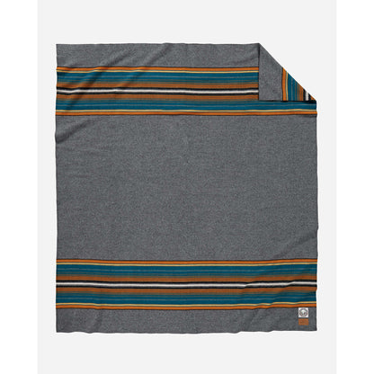 Pendleton wool camp blanket - gray with yellow and aqua blue stripes on edge