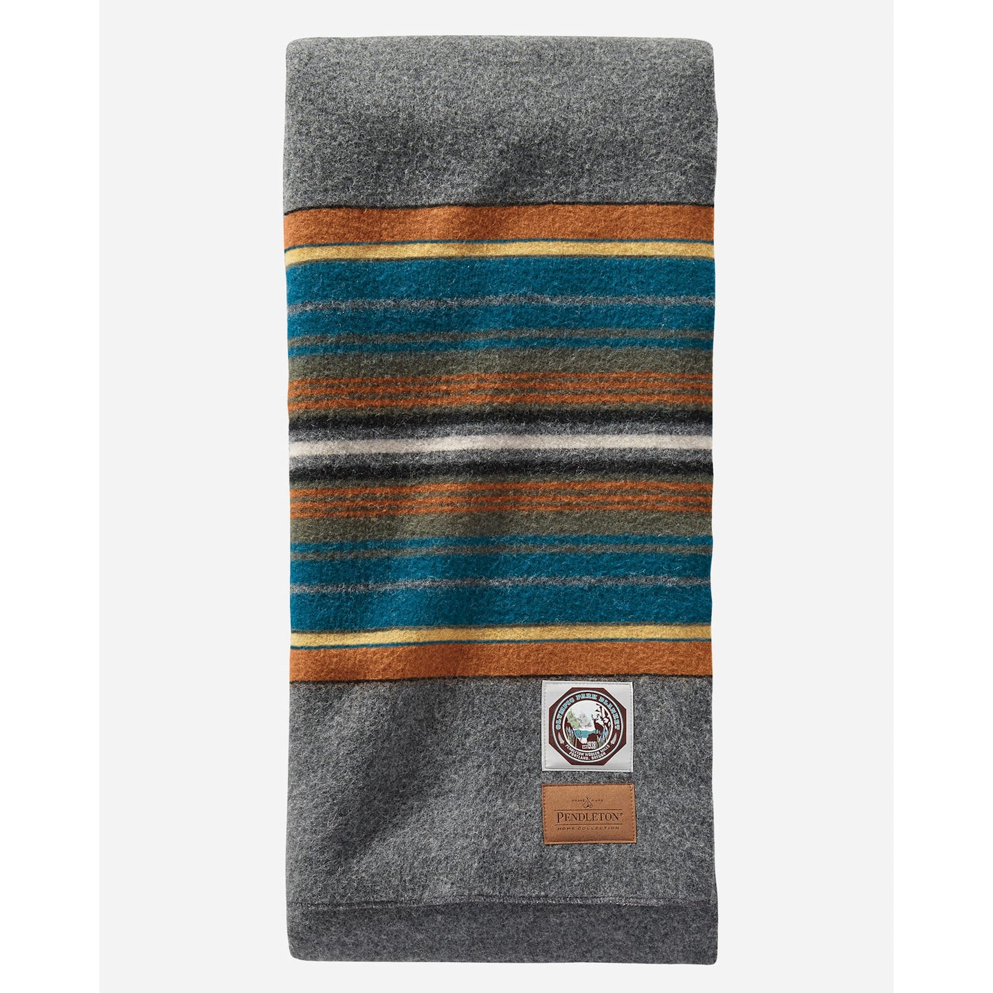 Pendleton wool camp blanket - gray with yellow and aqua blue stripes on edge