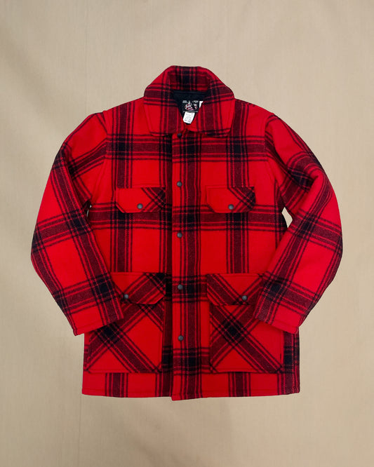 AZ 32 wool hunting coat front - red and black plaid