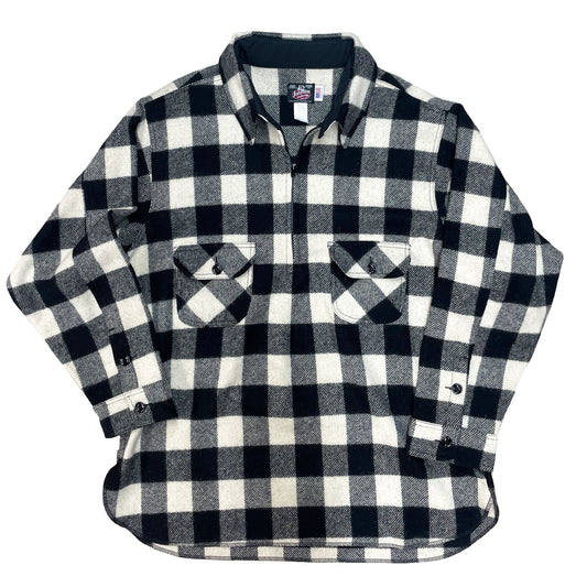 Half Zip Wool shirt - pull over design with a long rounded tail, half zip and two chest pockets. Shown in white and black buffalo plaid