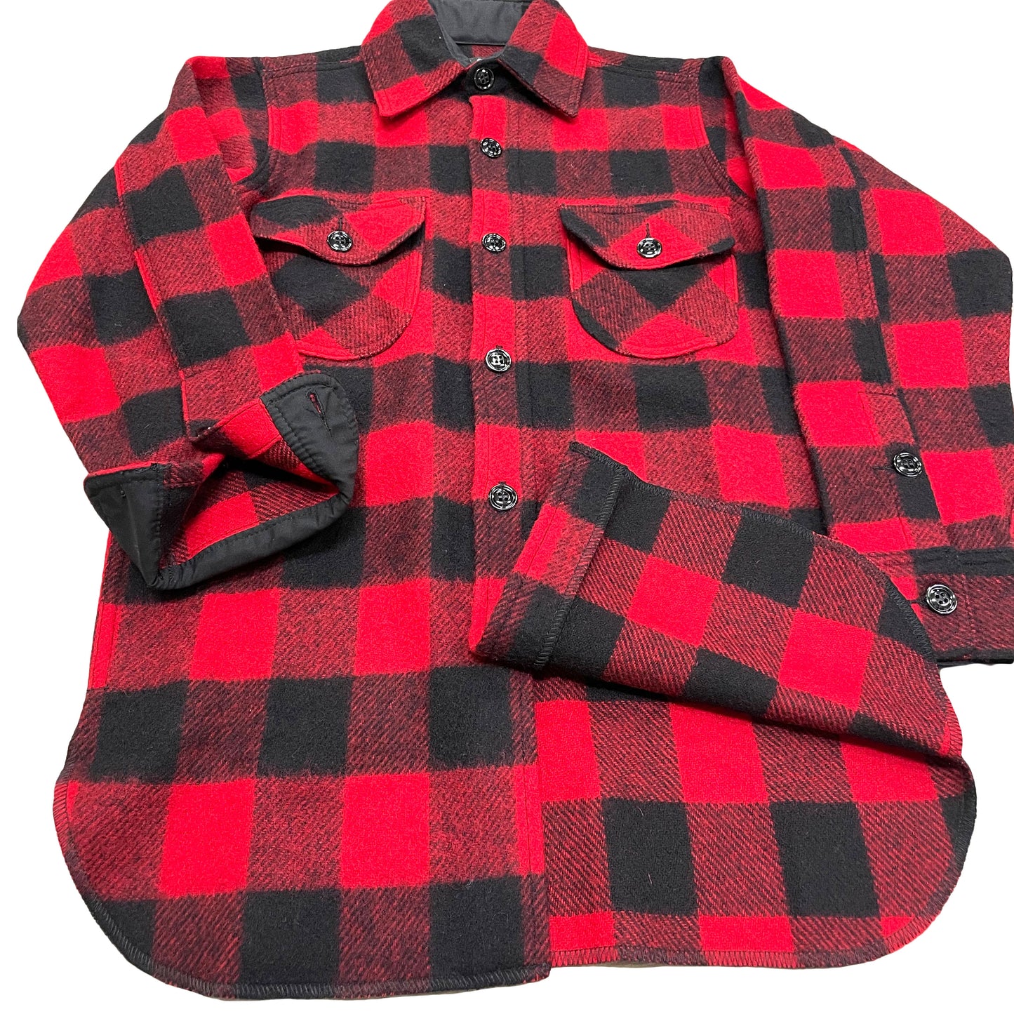 Red and black buffalo check wool Long tail button down shirt cuff detail
