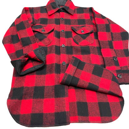 Long Tail Button Down long sleeve wool shirt cuff detail. Shown in red and black buffalo check