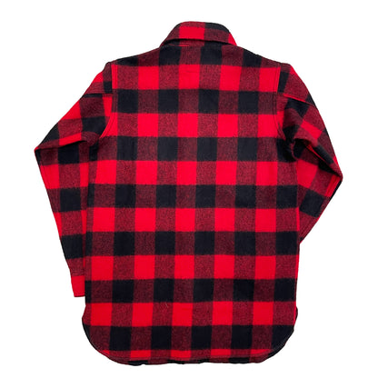 Back side of Long Tail Button Down long sleeve wool shirt with a 6 button front, button cuffs and two front chest pockets. Shown in red and black buffalo check