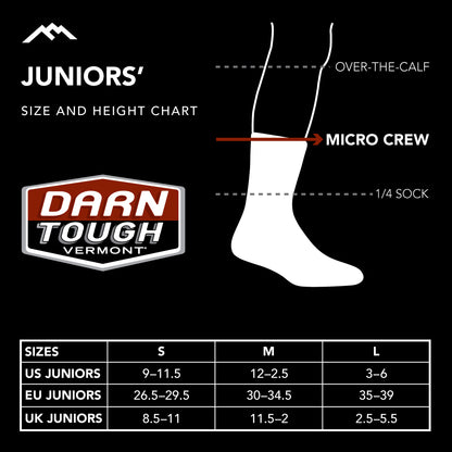 Darn Tough Junior's micro crew sock size chart