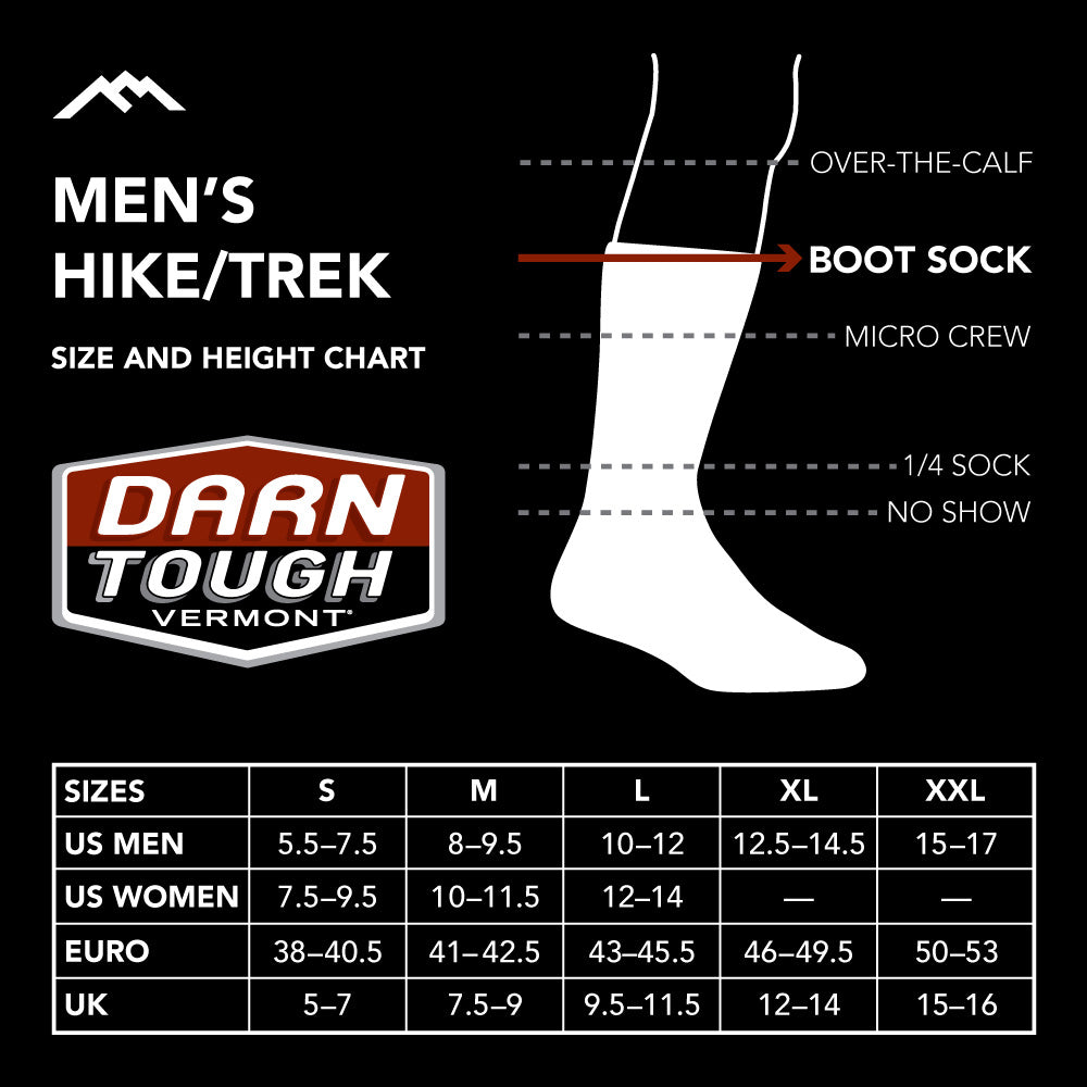 Darn Tough men's hike/trek sock size chart