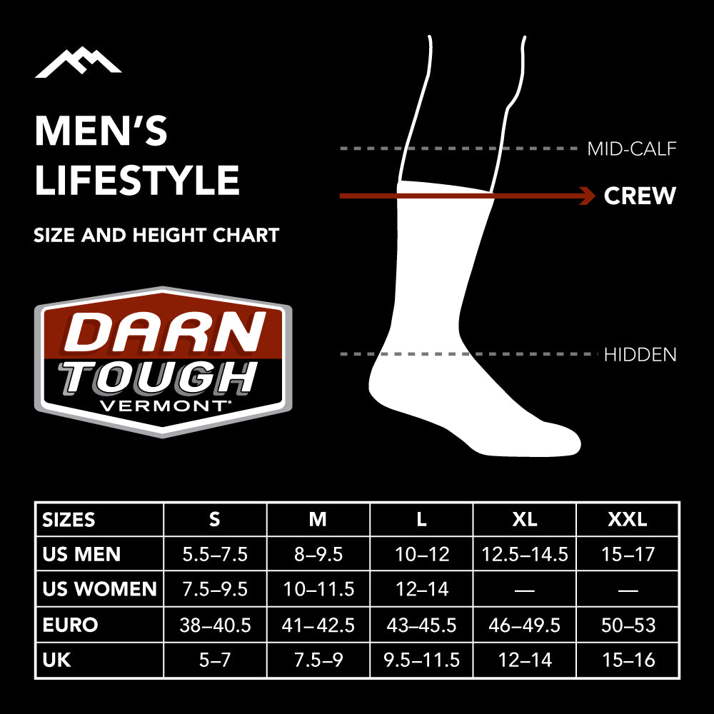 Darn Tough Men's Lifestyle crew sock size chart