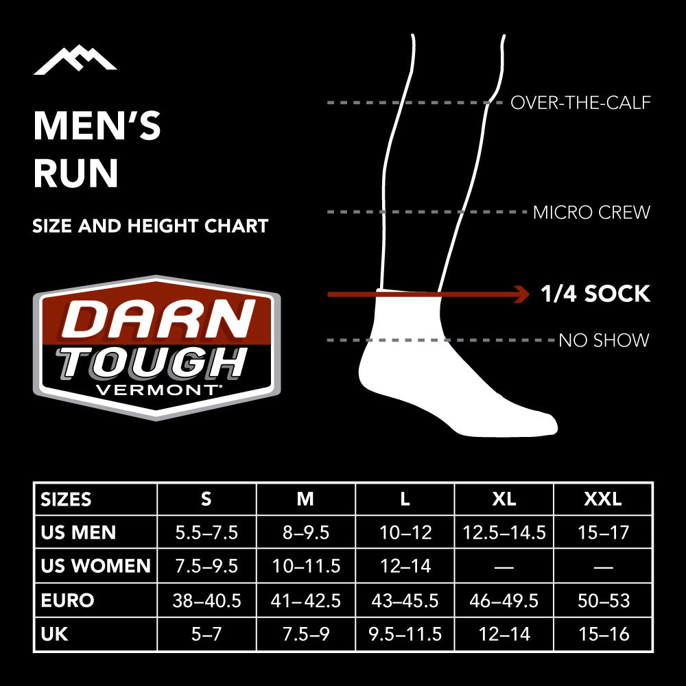 Darn Tough Mens Run Quarter sock size chart