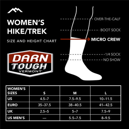 Darn Tough Women's Hike micro crew sock size chart