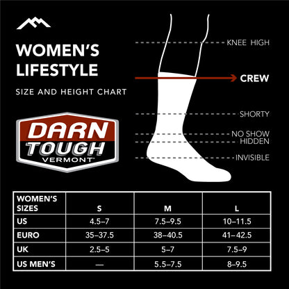 Darn Tough Women's Lifestyle crew sock size chart