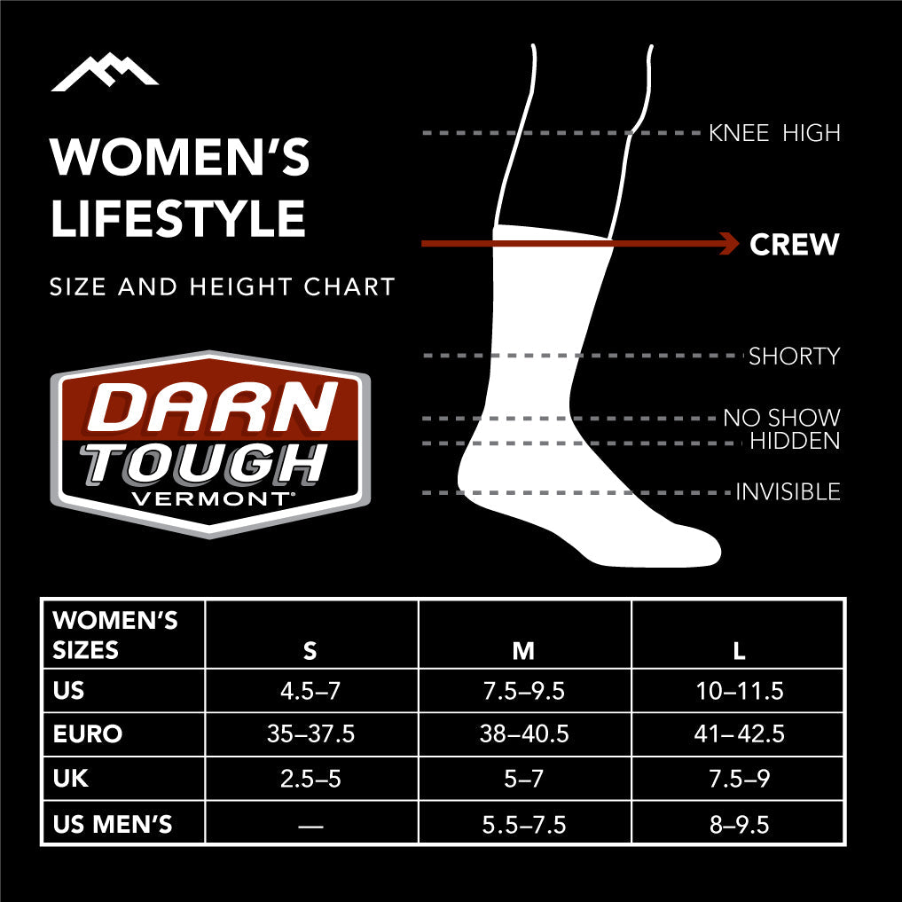 Darn Tough Women's lifestyle crew sock size chart