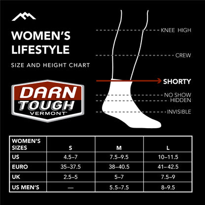 Darn Tough Women's lifestyle shorty sock size chart