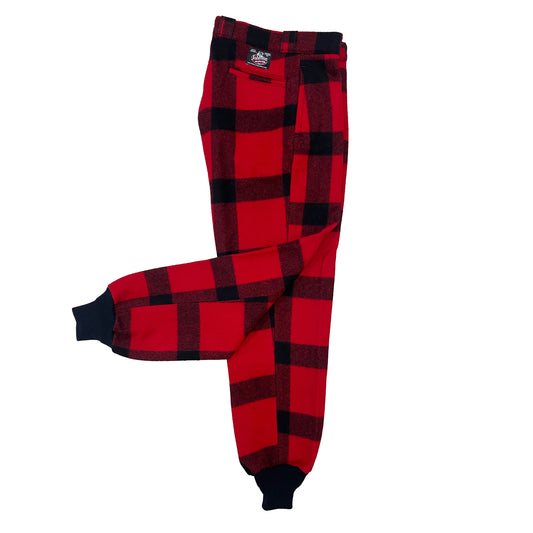 Children's red and black wool pants with cuffed bottoms