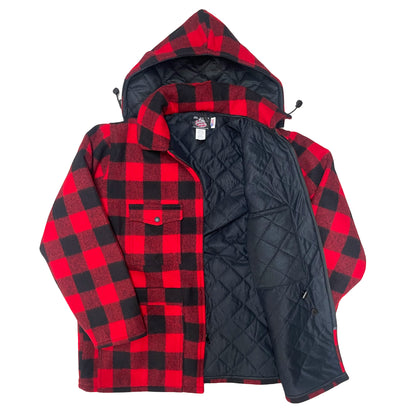 Johnson Woolen Mills Men's Lined Wool Jacket with Detachable Hood - Red/Black Buffalo Check Plaid interior view