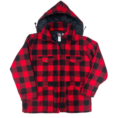 Johnson Woolen Mills Men's Lined Wool Jacket with Detachable Hood - Red/Black Buffalo Check Plaid