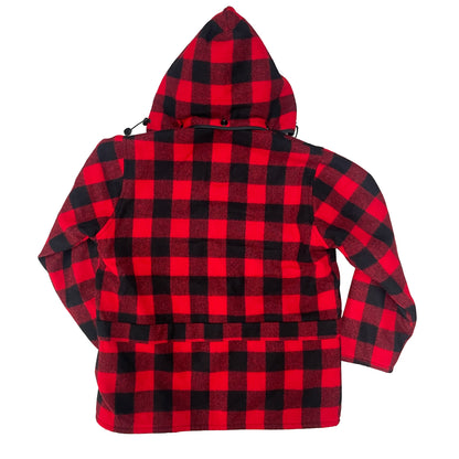 Johnson Woolen Mills Men's Lined Wool Jacket with Detachable Hood - Red/Black Buffalo Check Plaid back view