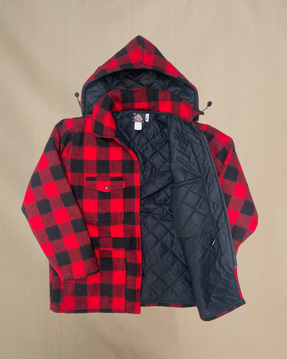 Johnson Woolen Mills Men's Lined Wool Jacket with Detachable Hood - Red/Black Buffalo Check Plaid