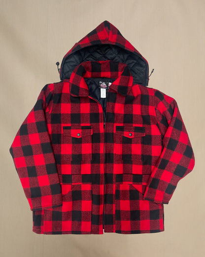 Johnson Woolen Mills Men's Lined Wool Jacket with Detachable Hood - Red/Black Buffalo Check Plaid