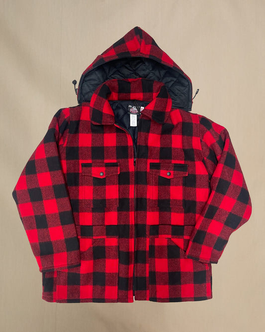 Johnson Woolen Mills Men's Lined Wool Jacket with Detachable Hood - Red/Black Buffalo Check Plaid