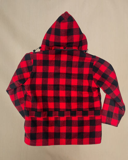 Johnson Woolen Mills Men's Lined Wool Jacket with Detachable Hood - Red/Black Buffalo Check Plaid