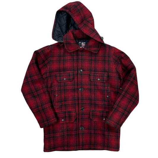 Johnson Woolen Mills Button Down Wool Jacket with detachable hood and five buttons. Shown in Red and Black Muted Plaid