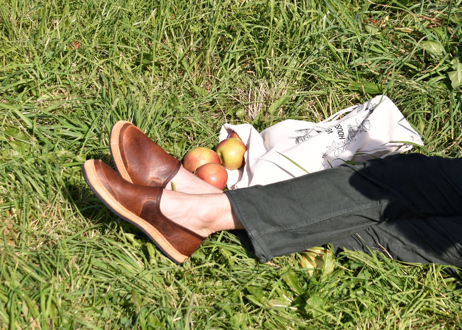 Vermont House Shoes - Loafer - Tobacco Bison on model outdoors