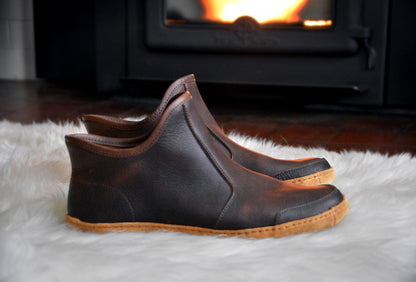 Vermont House Shoes - Hi-Top - Chocolate side view by fire