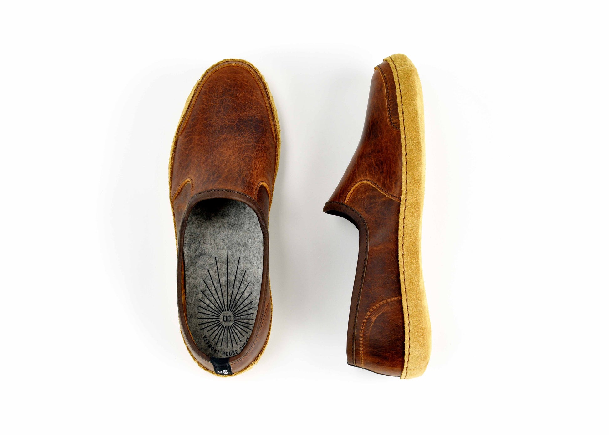 Vermont House Shoes - Loafer - Tobacco Bison top and side view
