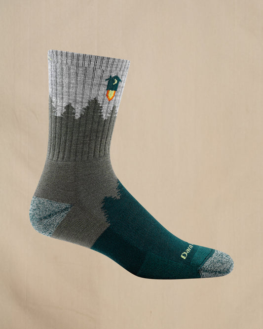 Darn tough green, olive and gray sock with fir tree outline