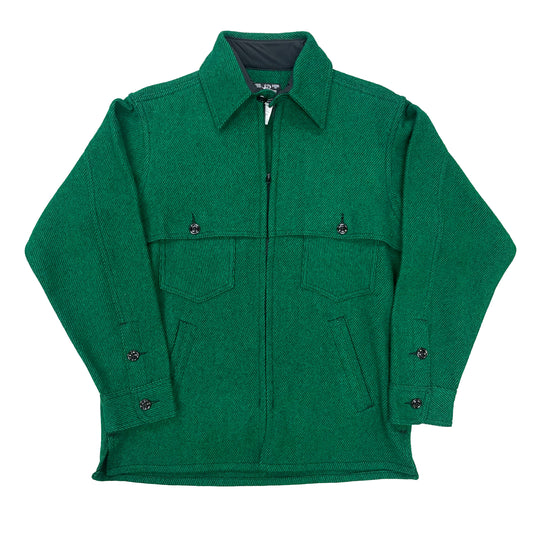 Wool jac shirt with full zipper, two chest pockets and two lower slash pockets. Shown in Bright green twill