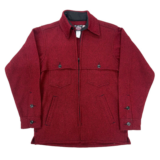 Wool jac shirt with full zipper, two chest pockets and two lower slash pockets. Shown in wine twill