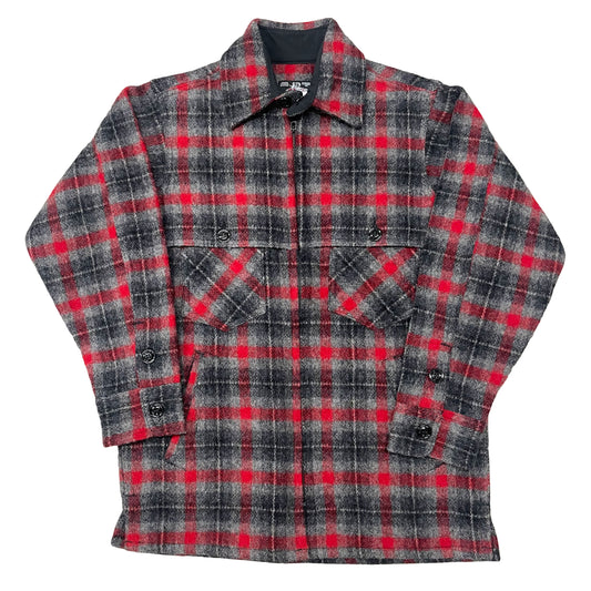 Double cape Wool Jac Shirt Full zip, gray and red window pane plaid