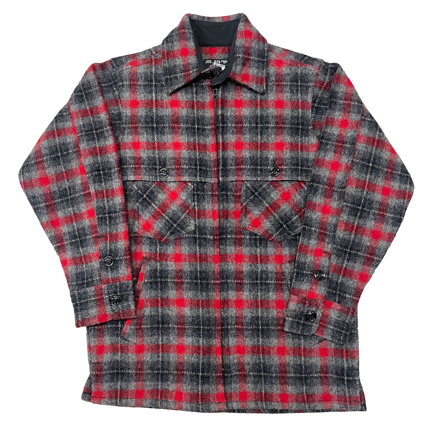 Double cape Wool Jac Shirt Full zip, gray and red window pane plaid