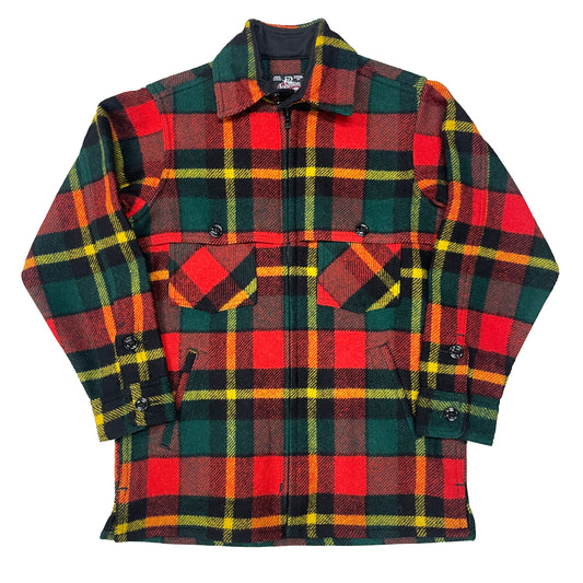 Wool jac shirt with full zipper, two chest pockets and two lower slash pockets. Shown in red, green and yellow plaid