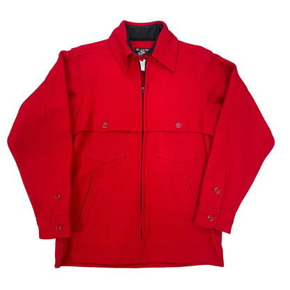 Womens Jac Shirt in bright scarlet, double cape over shoulders, zipper front, button collar & cuffs.