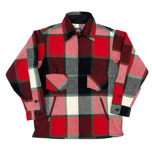Wool jac shirt with full zipper, two chest pockets and two lower slash pockets. Shown in old Canadian plaid