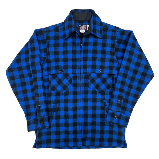 Wool jac shirt with full zipper, two chest pockets and two lower slash pockets. Shown in blue and black buffalo plaid