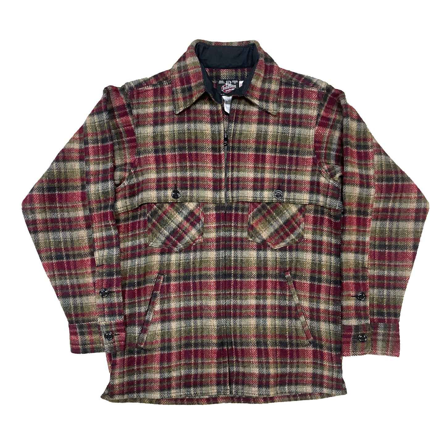 Wool jac shirt with full zipper, two chest pockets and two lower slash pockets. Shown in burgundy, olive and beige plaid