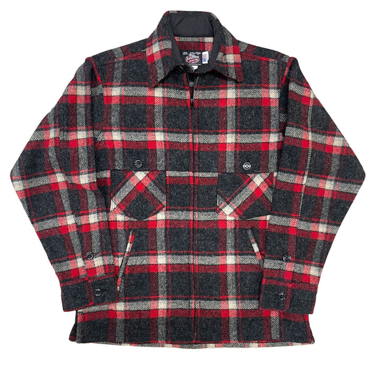 Wool jac shirt with full zipper, two chest pockets and two lower slash pockets. Shown in dark gray, red and white plaid
