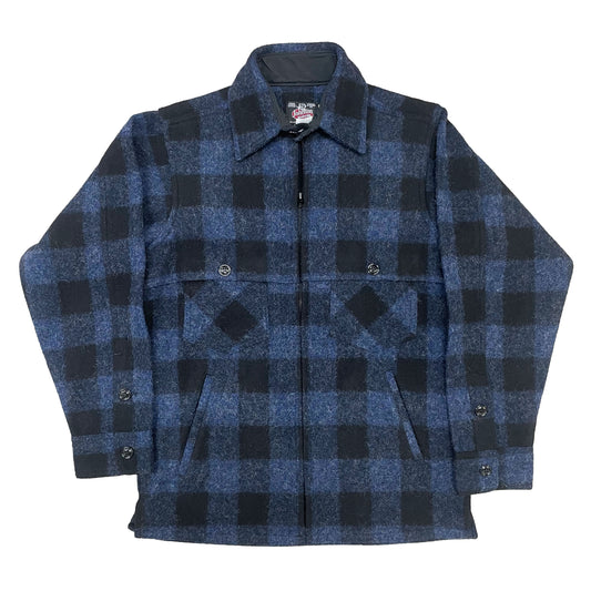 Wool Jac Shirt - Full zip, denim blue and black check. Front view