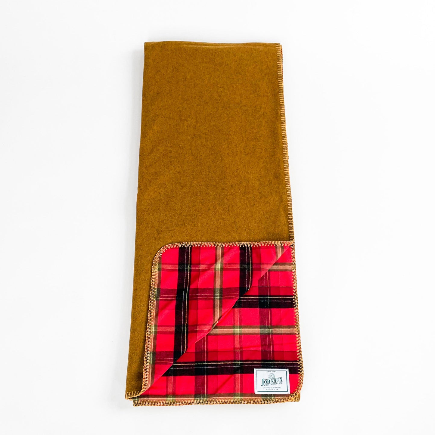 Flannel Wool Throws, butterscotch wool outside, flannel red/orange/ yellow inside, front view opened