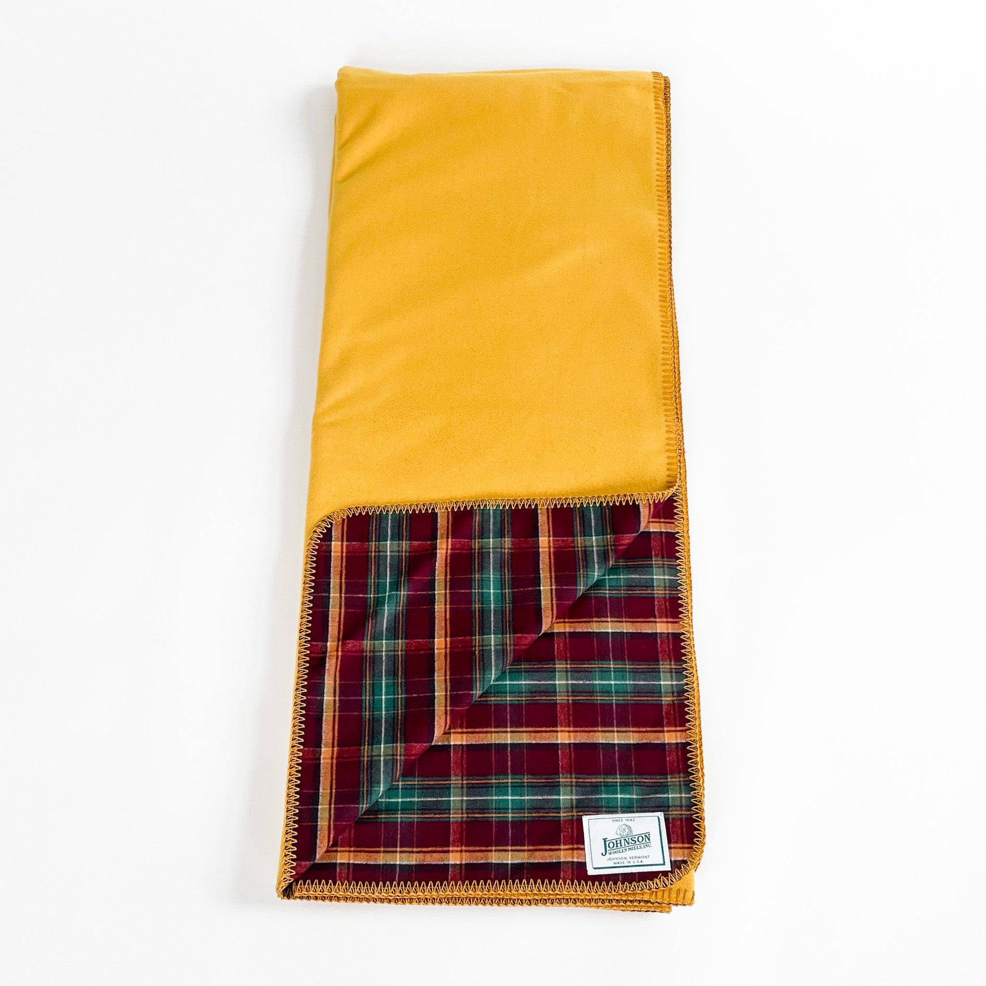 Flannel Wool Throws, yellow wool outside, flannel whiskey river inside, front view opened
