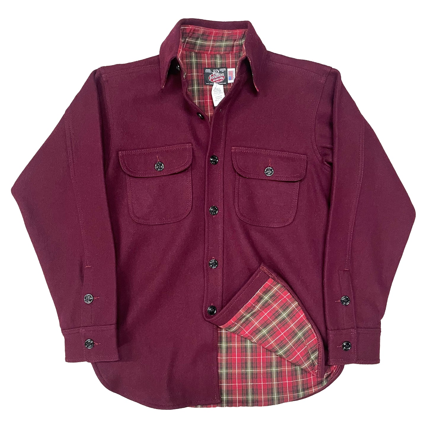 Long Tail Button Down long sleeve shirt with a 6 button front, button cuffs and two front chest pockets. Shown in burgundy with burgundy,red, white and green plaid flannel lining.