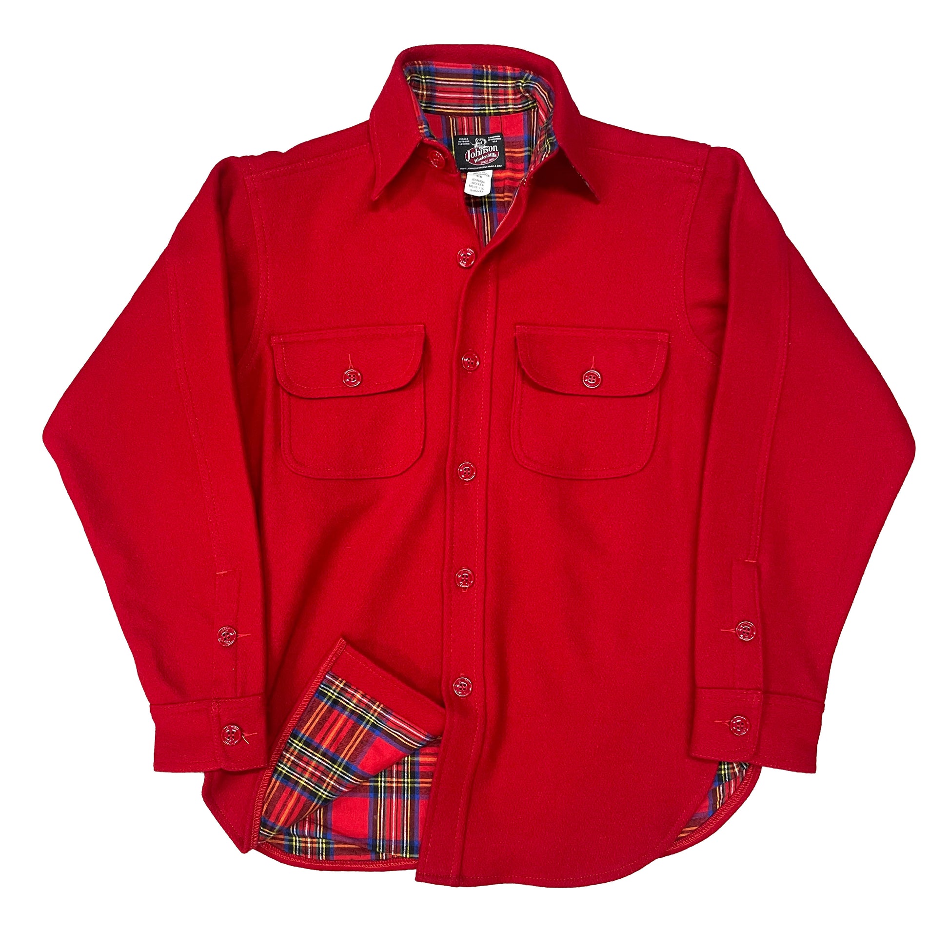 Long Tail Button Down long sleeve shirt with a 6 button front, button cuffs and two front chest pockets. Shown in scarlett red with red, white and blue plaid flannel lining.