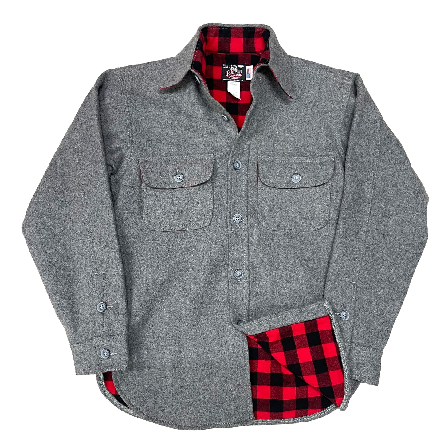 Long Tail Button Down long sleeve shirt with a 6 button front, button cuffs and two front chest pockets. Shown in gray with red, and black buffalo check flannel lining.