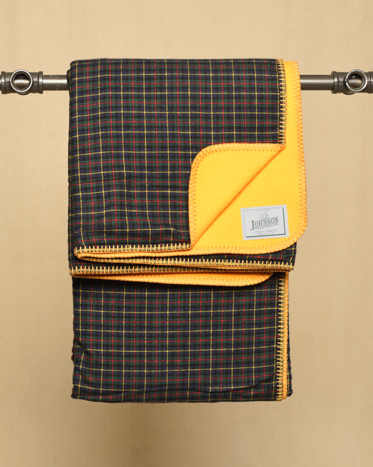 Folded flannel plaid blanket with yellow wool exterior on a beige background