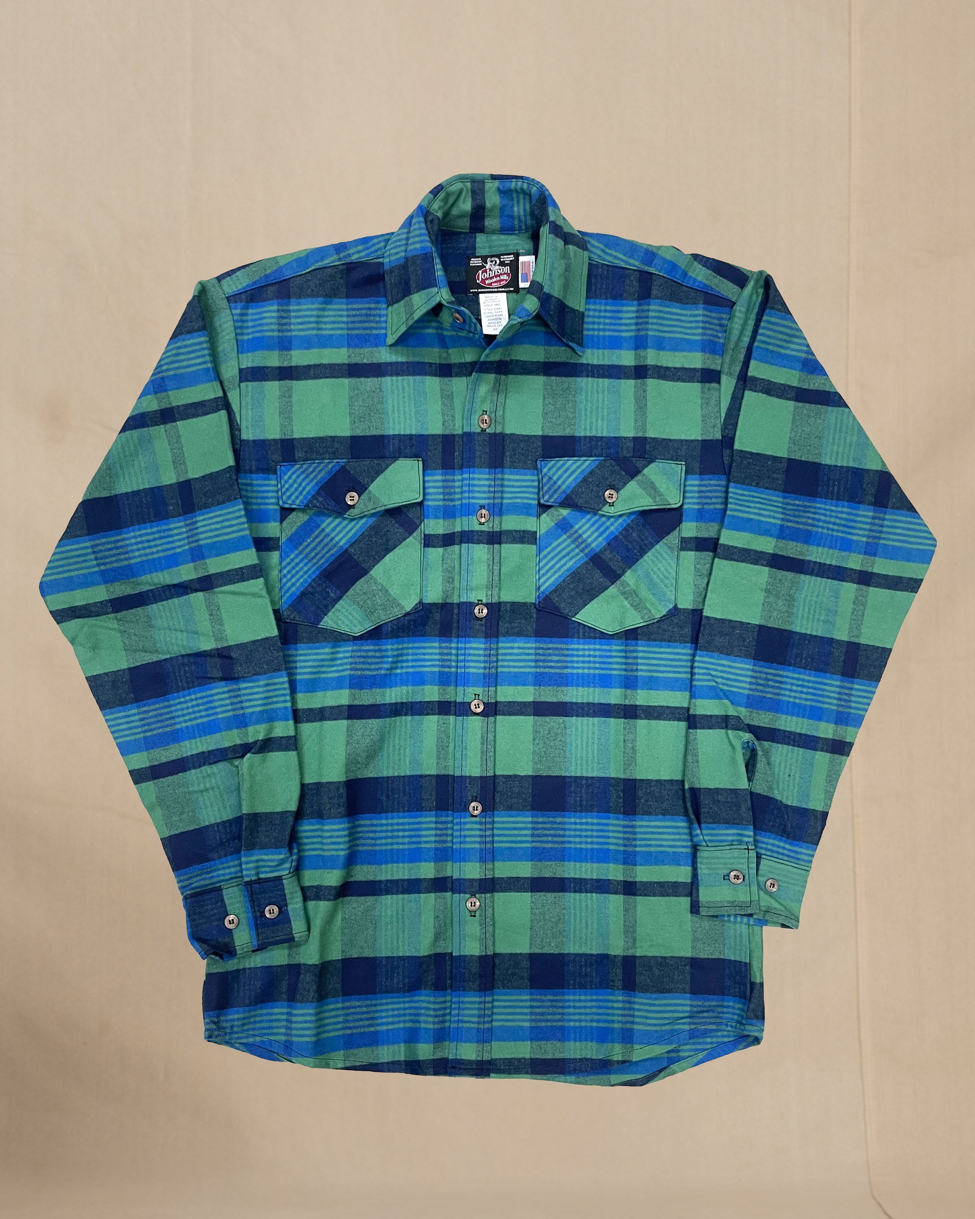 Mens Flannel Button Shirt - Royal Navy & Green Plaid Johnson Woolen Mills Mens Flannel Button Shirt - Royal Navy & Green Plaid Johnson Woolen Mills